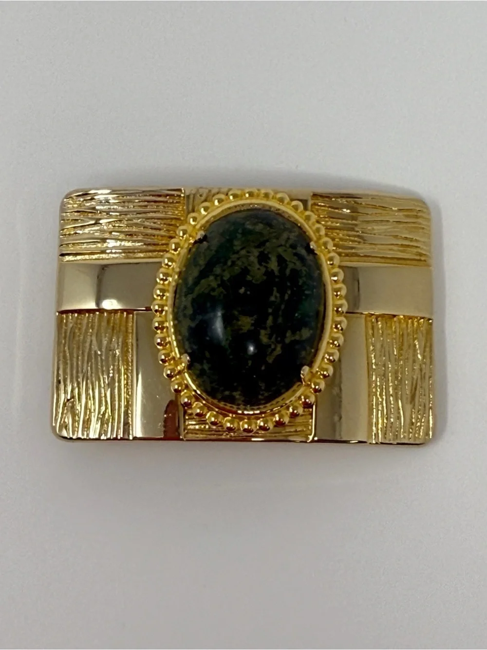 Vintage Gold Tone Belt Buckle Statement Green Stone Cabochon Rectangle Textured